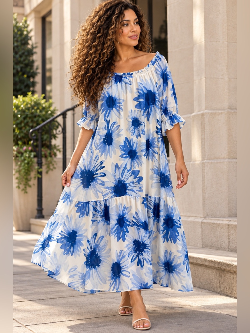 Flying Tomato Blue Floral Off Shoulder Maxi Dress Size L NWOT